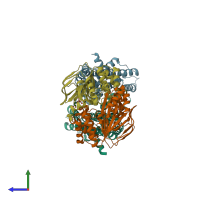 PDB entry 6xji coloured by chain, side view.