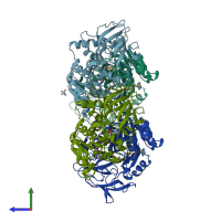 PDB entry 6xt2 coloured by chain, side view.