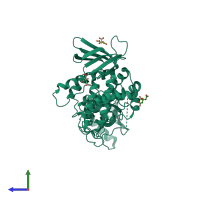 PDB entry 6xtj coloured by chain, side view.