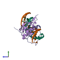 PDB entry 6xwh coloured by chain, side view.