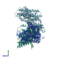 PDB entry 6xwn coloured by chain, side view.