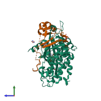 PDB entry 6ya6 coloured by chain, side view.