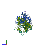 PDB entry 6yi0 coloured by chain, side view.