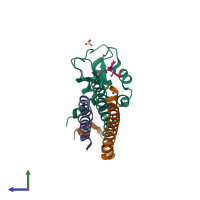 PDB entry 6yih coloured by chain, side view.