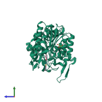 Monomeric assembly 1 of PDB entry 6yjf coloured by chemically distinct molecules, side view.