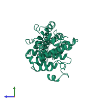 PDB entry 6yjk coloured by chain, side view.