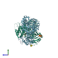 PDB entry 6yjr coloured by chain, side view.