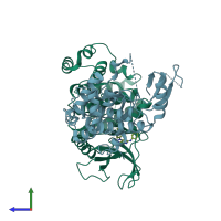 PDB entry 6yll coloured by chain, side view.