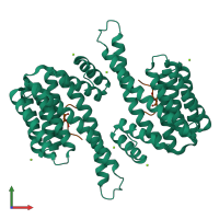Tetrameric assembly 1 of PDB entry 6ylu coloured by chemically distinct molecules and viewed from the front.