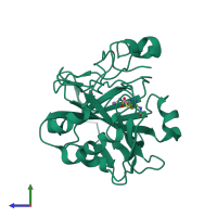 PDB entry 6yma coloured by chain, side view.