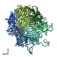 PDB entry 6yq5 coloured by chain, ensemble of 10 models, side view.