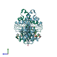 PDB entry 6yus coloured by chain, side view.