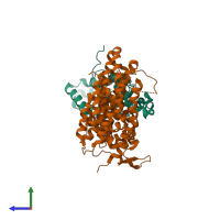 PDB entry 6yxq coloured by chain, side view.