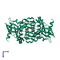 Homo dimeric assembly 1 of PDB entry 6z15 coloured by chemically distinct molecules, top view.