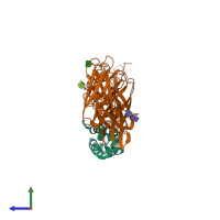 PDB entry 6zdx coloured by chain, side view.