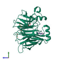 PDB entry 6zea coloured by chain, side view.