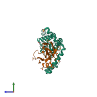 PDB entry 6zh1 coloured by chain, side view.