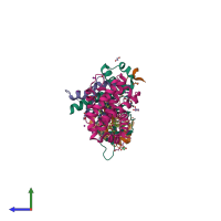 PDB entry 6zhc coloured by chain, side view.