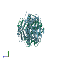 PDB entry 6zmm coloured by chain, side view.