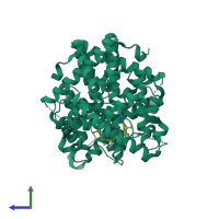 Homo dimeric assembly 1 of PDB entry 6zor coloured by chemically distinct molecules, side view.
