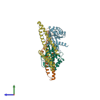 PDB entry 6zsj coloured by chain, side view.