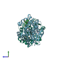 PDB entry 6zvw coloured by chain, side view.