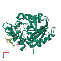 Monomeric assembly 1 of PDB entry 6zvx coloured by chemically distinct molecules, top view.
