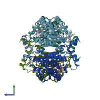 PDB entry 6zyz coloured by chain, side view.