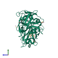 Monomeric assembly 1 of PDB entry 6zz2 coloured by chemically distinct molecules, side view.