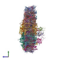 PDB entry 6zzx coloured by chain, side view.