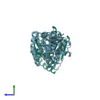 PDB entry 7at0 coloured by chain, side view.