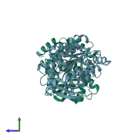 PDB entry 7at2 coloured by chain, side view.