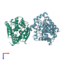 PDB entry 7at2 coloured by chain, top view.