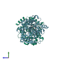 PDB entry 7atd coloured by chain, side view.
