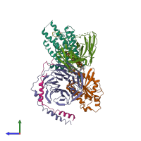 PDB entry 7aue coloured by chain, side view.