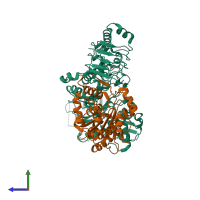 PDB entry 7ax1 coloured by chain, side view.