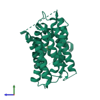 Monomeric assembly 1 of PDB entry 7b0k coloured by chemically distinct molecules, side view.