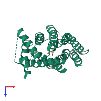 Monomeric assembly 1 of PDB entry 7b0k coloured by chemically distinct molecules, top view.