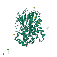 Monomeric assembly 1 of PDB entry 7b50 coloured by chemically distinct molecules, side view.