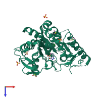 Monomeric assembly 1 of PDB entry 7b50 coloured by chemically distinct molecules, top view.
