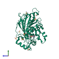PDB entry 7b9u coloured by chain, side view.