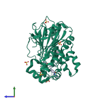 PDB entry 7bci coloured by chain, side view.