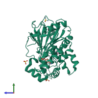 PDB entry 7bcl coloured by chain, side view.
