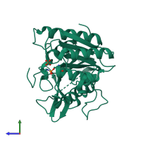 PDB entry 7bft coloured by chain, side view.