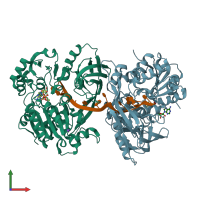 PDB entry 7bil coloured by chain, front view.