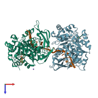 PDB entry 7bil coloured by chain, top view.