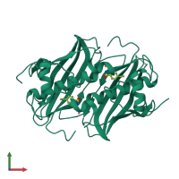 Homo dimeric assembly 2 of PDB entry 7bka coloured by chemically distinct molecules, front view.