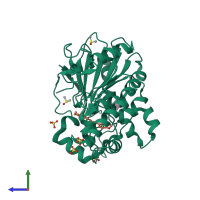 PDB entry 7blw coloured by chain, side view.
