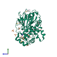 PDB entry 7bm1 coloured by chain, side view.