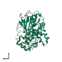 PDB entry 7bm7 coloured by chain, side view.